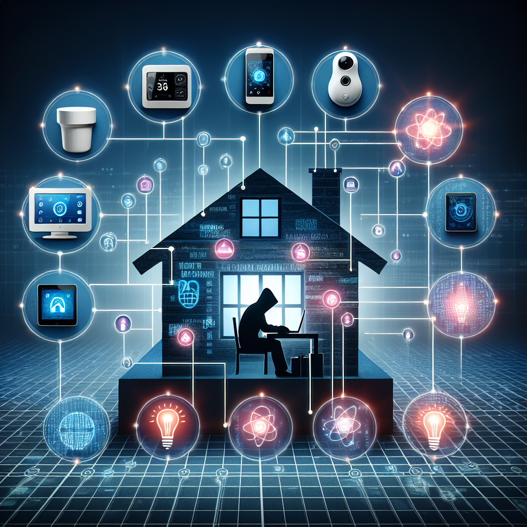 "Illustration of a cybersecurity expert analyzing vulnerabilities in a home automation system, highlighting potential hacking risks and security measures."