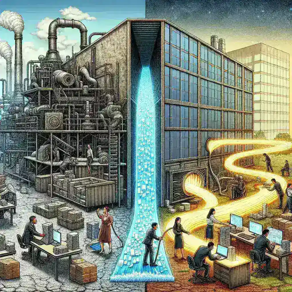 "Illustration of a real-time data pipeline transforming enterprise agility with interconnected systems, data flow, and analytics visuals, showcasing improved decision-making processes."