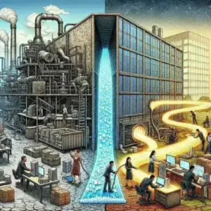 "Illustration of a real-time data pipeline transforming enterprise agility with interconnected systems, data flow, and analytics visuals, showcasing improved decision-making processes."