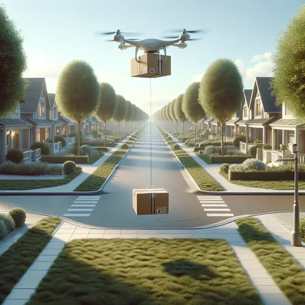 "Zipline drone delivering medical supplies over a US suburban neighborhood, showcasing innovative logistics in healthcare."