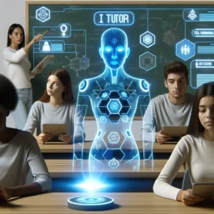 "Students engaging with Khan Academy's new GPT-4 tutor feature in a modern classroom setting, illustrating innovative educational technology integration."