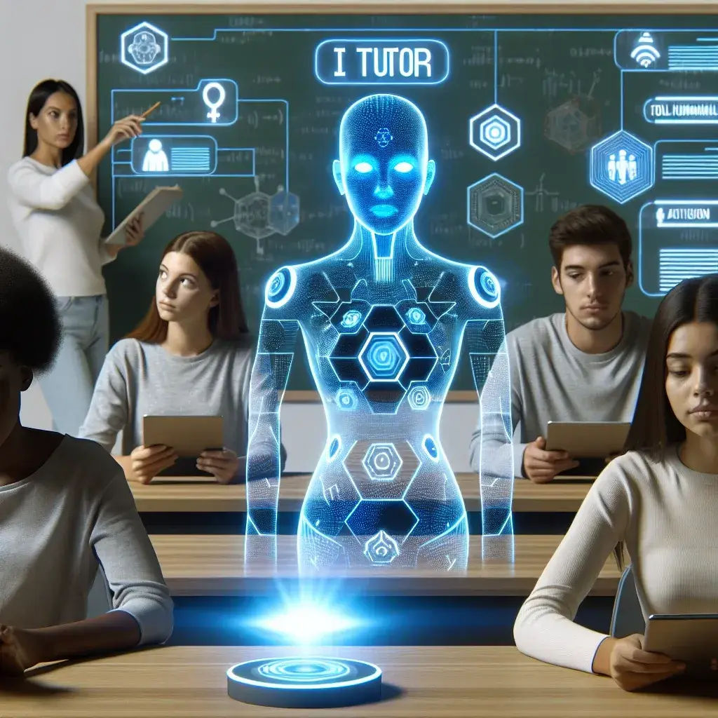 "Students engaging with Khan Academy's new GPT-4 tutor feature in a modern classroom setting, illustrating innovative educational technology integration."