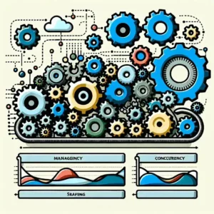 "Diagram illustrating concurrency management strategies in web scraping systems for optimal performance, featuring techniques such as multi-threading, request queuing, and load balancing."