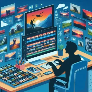 "Person editing a compilation video on a laptop, with clips from various sources displayed on the screen, illustrating the process of creating engaging multimedia content."