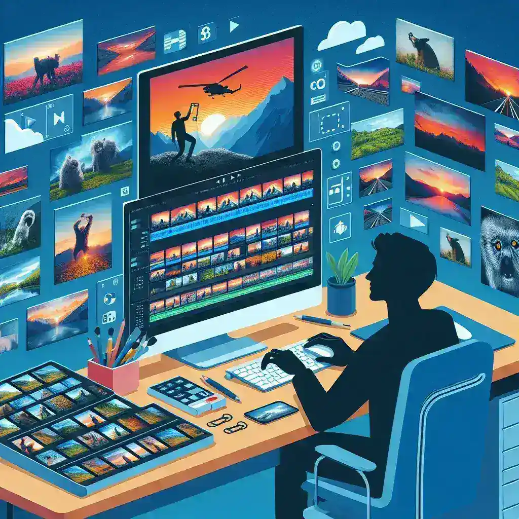 "Person editing a compilation video on a laptop, with clips from various sources displayed on the screen, illustrating the process of creating engaging multimedia content."