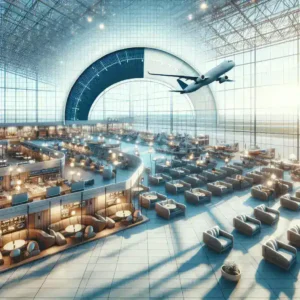 "Visual representation of Google Flights interface showcasing Layover Comfort Scores for major airports, highlighting features like seating availability, amenities, and relaxation options for travelers."